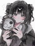  1girl black_hair black_hoodie black_nails character_doll closed_mouth doll grey_eyes hair_ornament hair_ribbon highres holding holding_doll hood hoodie irohaanzu kurobe_nanoka long_sleeves looking_at_viewer mahou_shoujo_no_majo_saiban nail_polish narehate_(mahou_shoujo_no_majo_saiban) neck_ribbon official_alternate_costume puffy_sleeves ribbon shirt short_hair simple_background solo two_side_up upper_body white_background white_shirt x_hair_ornament 