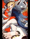 1girl blonde_hair blue_eyes blue_jacket commentary english_commentary feet foreshortening gloves hat highres jacket large_hat no_shoes norma_hollowell open_mouth pointing round_teeth shako_cap simple_background smile soles solo stirrup_legwear teeth toeless_legwear toes ueharam upper_teeth_only white_gloves zenless_zone_zero 