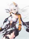  1girl ahoge black_gloves black_jacket black_shorts blood blood_on_face blue_eyes breasts chinese_commentary commentary_request fibonacci_no_usagi gloves hair_ornament heterochromia highres holding holding_polearm holding_weapon honkai_(series) honkai_impact_3rd jacket kiana_kaslana kiana_kaslana_(void_drifter) long_hair looking_at_viewer medium_breasts polearm shorts solo weapon white_background yellow_eyes zipper zipper_pull_tab 