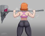  1girl artist_name ass back back_muscles commentary cslucaris english_commentary from_behind hammer highres multiple_scars muscular muscular_female nora_valkyrie orange_hair patreon_username rwby scar short_hair signature solo veins workout_clothes 