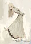 1girl blonde_hair blue_eyes blunt_bangs crime_and_punishment full_body highres leg_lift light_blush long_hair long_skirt long_sleeves looking_at_viewer monotone_ink shirt shoes signature simple_background sketch skirt solo sonya_marmeladova standing sweater white_shirt white_shoes white_skirt white_sweater 