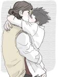  2boys azumane_asahi commentary_request dress_shirt ee_(ekk1mukk) fingernails french_kiss from_side haikyuu!! hair_bun hug kiss male_focus multiple_boys nishinoya_yuu open_clothes open_shirt red_shirt shirt short_hair sweater_vest white_shirt yaoi 