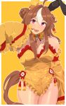  1girl absurdres adapted_costume ahoge animal_ears border breasts brown_hair cleavage commentary_request copano_rickey_(umamusume) detached_sleeves double_bun ear_covers ear_ornament fang frilled_leotard frilled_sleeves frills hair_between_eyes hair_bun hair_ornament highres horse_ears horse_girl horse_tail kumabachi315 large_breasts leotard long_hair long_sleeves multicolored_hair no_panties nontraditional_playboy_bunny open_mouth pink_eyes sidelocks simple_background skin_fang smile solo strapless strapless_leotard streaked_hair tail tassel tassel_hair_ornament thighs umamusume white_border white_hair wide_sleeves yellow_background yellow_leotard 