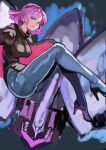  1girl absurdres ass black_shirt black_shoes blue_leggings bob_cut breasts cape christian_louboutin_(brand) colored_shoe_soles commentary_request gundam gundam_zz haman_karn high_heels highres juliet_sleeves large_breasts leggings legs_up long_sleeves looking_at_viewer mecha mobile_suit neo_zeon okrdisk2000 pink_hair procreate_(medium) puffy_sleeves qubeley robot science_fiction shirt shoes short_hair skin_tight smile solo space stiletto_heels turtleneck two-sided_cape two-sided_fabric unfinished zeta_gundam 