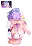  1girl absurdres bikini blue_hair bracelet breasts choker cleavage commentary cropped_torso english_commentary face_jewel facial_mark green_eyes hair_intakes hair_ornament head_wings heart heart_facial_mark highres honkai:_star_rail honkai_(series) jewel_under_eye jewelry long_hair mark_under_eye medium_breasts necklace official_alternate_costume one_eye_closed purple_choker reference_inset robin_(honkai:_star_rail) robin_(summeretto)_(honkai:_star_rail) screenshot_inset sera_(serappi) star_(symbol) starfish_hair_ornament swimsuit tongue tongue_out white_bikini white_wings wings 
