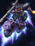  artist_request bazooka_(gundam) beam_cannon energy_sword green_eyes gundam gundam_f90 gundam_f91_formula_report_0122 gundam_perfect_file highres holding holding_sword holding_weapon magazine_scan mecha mecha_focus mobile_suit nebula neo_zeon no_humans official_art one-eyed_mecha rf_dom robot scan science_fiction solo space star_(sky) sword thrusters weapon zero_gravity 