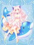  1girl bikini breasts butterfly_hair_ornament dairoku_ryouhei full_body hair_ornament high_heels highres inflatable_dolphin inflatable_toy lana_spiraea long_hair looking_at_viewer medium_breasts miyu_(tw) navel pink_bikini pink_hair red_eyes smile solo swimsuit very_long_hair 