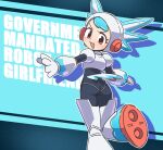  1girl :3 android aqua_hair aqua_trim armor ass black_bodysuit bodysuit boots breastplate drop_shadow english_text foot_out_of_frame foot_up_heel_up from_behind gloves helmet highres light_blush looking_at_viewer looking_back mega_man:_dual_override mega_man_(classic) mega_man_(series) open_mouth orenjipiiru outstretched_arms red_eyes robot_girl smile solo spread_arms standing standing_on_one_leg twinkle_girl v-shaped_eyebrows white_boots white_gloves white_helmet 