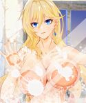  1girl absurdres bathroom blonde_hair blue_eyes breast_press breasts chinese_commentary commentary_request completely_nude covered_nipples durandal_(honkai_impact) earrings fibonacci_no_usagi highres honkai_(series) honkai_impact_3rd indoors jewelry large_breasts long_hair looking_at_viewer nude open_mouth single_earring solo upper_body 