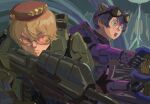  2girls aiming armor assault_rifle black-framed_eyewear blonde_hair bullpup clio_aite clio_aite_(clio_2.0) commentary dated double-parted_bangs dual_wielding energy_gun english_commentary eyewear_strap frown glasses goggles goggles_on_head green_armor grey_eyes gun hair_between_eyes hair_ornament halo_(series) halo_2 headset highres holding holding_gun holding_weapon indie_virtual_youtuber jean_faymas_(vtuber) kanokoga ma5 multiple_girls orange_eyes phase_connect plasma_pistol power_armor purple_armor purple_hair rifle round_eyewear short_hair sidelocks signature spartan_(halo) upper_body vershion virtual_youtuber weapon x_hair_ornament 