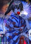  1girl aerial_fireworks animal_print bag black_choker black_hair blue_kimono bracelet candy_apple choker colored_inner_hair commentary_request earrings festival fireworks fish_print flower food hair_between_eyes hair_flower hair_ornament high_ponytail highres holding holding_candy_apple holding_food holding_kinchaku hoop_earrings japanese_clothes jewelry kamitsubaki_studio kimono kinchaku koi koko_(kamitsubaki_studio) kuga_huna light_smile lightning_bolt_earrings lightning_bolt_symbol long_sleeves looking_at_viewer mole mole_under_eye multicolored_hair multicolored_kimono multiple_moles o-ring o-ring_choker obi obijime official_alternate_costume official_art ponytail pouch print_kimono purple_eyes purple_hair sash summer_festival white_kimono wide_sleeves yukata 