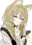  1girl absurdres alternate_hairstyle arknights beanstalk_(arknights) black_overalls black_shoes braid brown_hair clenched_teeth commentary_request green_hairband green_ribbon grin hair_ribbon hairband highres ikashio_(ikayaki) index_finger_raised light_blush looking_at_viewer overalls red_eyes ribbon shirt shoes simple_background sitting smile socks solo striped_clothes striped_shirt teeth twin_braids white_background white_shirt yellow_socks 