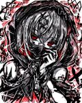  1girl arm_tattoo bandaid bandaid_on_face bare_shoulders belt_collar black_choker black_dress black_hood black_mask black_tank_top chain choker collar colored_inner_hair commentary crossed_bangs cuffs dress gauze_on_arm grey_hair hair_between_eyes hair_ornament highres jewelry looking_at_viewer mahou_shoujo_no_majo_saiban mask mouth_mask multicolored_hair nail_polish portrait red_eyes red_hair red_nails ring shackles shito_alisa short_hair solo stitched_face stitches tank_top tattoo tsukihi_shida x_hair_ornament 
