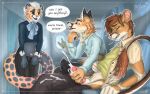 absurd_res aircraft airplane anthro binaryfox blue_eyes bodily_fluids bottomwear bottomwear_down brown_body brown_fur brown_hair cellivar chair clothed clothing clothing_lift covering covering_crotch cum cum_drip dialogue digital_media_(artwork) dipodomyine dripping ejaculation erection eyewear flight_attendant fully_clothed fur furniture genital_fluids genitals glasses group hair heteromyid hi_res inside kangaroo_rat looking_pleasured male male/male mammal markings masturbation on_chair pants pants_down partially_clothed penis pink_nose public public_erection public_masturbation rodent shaded shirt shirt_lift signature sitting sitting_on_chair smile speech_bubble tail tailbyte taily_(tailbyte) text tongue topwear vehicle white_hair yellow_eyes
