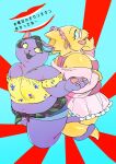  2girls :3 alphys animal_ears back-to-back bare_shoulders belly breasts cat cat_ears cat_girl catty_(undertale) commentary_request crop_top earrings fat furry furry_female glasses halterneck jewelry midriff multiple_girls nanboku navel off-shoulder_shirt off_shoulder open_mouth pince-nez plump shirt shorts skirt smile sunburst sunburst_background tail tied_shirt undertale utdr_(toby_fox) 