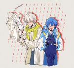  2boys animal blue_hair blue_jacket blue_pants blush broken_umbrella chinese_commentary clear_(dramatical_murder) closed_eyes coat commentary_request cropped_legs dog dramatical_murder fingerless_gloves gloves highres holding holding_animal holding_umbrella hood hooded_jacket jacket lenereco long_hair long_sleeves male_focus multicolored_jacket multiple_boys open_mouth pants rain scarf seragaki_aoba short_hair single_fingerless_glove umbrella watermark weibo_watermark wet white_background white_coat white_gloves white_hair white_jacket yellow_eyes yellow_scarf 