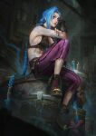  1girl abs aqua_hair aqua_nails arcane:_league_of_legends arcane_jinx bare_shoulders black_gloves boots braid commentary crop_top elbow_gloves english_commentary fingerless_gloves full_body gloves highres jinx_(league) lace-up_boots league_of_legends long_hair looking_afar nose pants parted_lips pink_eyes purple_pants single_bang solo striped_clothes striped_pants tattoo thedurianart toned toned_female twin_braids vertical-striped_clothes vertical-striped_pants very_long_braid 
