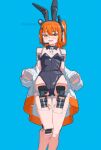  1girl a.i._voice adachi_rei alternate_costume android animal_ears black_leotard blue_background commentary detached_collar fake_animal_ears feet_out_of_frame headset highres jacket jacket_partially_removed joints kanbaru_mitsuki leotard looking_at_viewer medium_hair one_side_up orange_eyes orange_hair playboy_bunny rabbit_ears robot_joints simple_background smile solo standing strapless strapless_leotard utau 