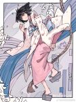  1girl animal_ears asakura_neko bag bagged_fish bell black_hair blue_sash cat_ears character_name chinese_commentary commentary_request cytus cytus_ii fake_animal_ears fish floral_print full_body highres japanese_clothes kimono long_sleeves multicolored_hair neck_bell nontraditional_miko okobo pink_eyes pink_hair pink_kimono platform_sandals rope sandals sash shanshan_faguang_de_cainiao short_hair smile streaked_hair watermark weibo_watermark white_kimono 