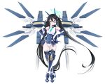  1girl absurdres aqua_halo aris_(armed)_(blue_archive) aris_(blue_archive) bare_shoulders black_hair blue_archive blue_eyes blue_necktie crossed_legs double-parted_bangs elbow_gloves full_body gloves hair_between_eyes halo hands_on_own_hips high_heels highres leotard long_hair long_hair_between_eyes mecha_musume mechanical_legs mechanical_wings multicolored_leotard necktie official_alternate_costume open_mouth rectangular_halo ringed_eyes rlayuta short_necktie showgirl_skirt simple_background standing thighhighs twintails very_long_hair watson_cross white_background white_leotard wings 