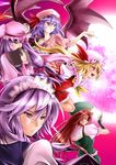  bat_wings blonde_hair blue_hair book chinese_clothes crescent fang fingerless_gloves flandre_scarlet full_moon gloves green_eyes hat highres hong_meiling i-la izayoi_sakuya long_hair maid_headdress moon multiple_girls patchouli_knowledge purple_eyes purple_hair red_eyes red_hair remilia_scarlet short_hair silver_hair touhou twintails wings 