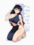  1girl 2026 alternate_costume arato_nagi artist_logo artist_name bare_arms bare_shoulders black_dress black_hair blue_eyes blush bracelet breasts collarbone commentary copyright_name curvy dress earrings english_commentary feet hair_between_eyes hand_in_own_hair jewelry jk_arts kneeling large_breasts logo long_hair looking_at_viewer revealing_clothes ruri_no_houseki sideboob single_bare_leg single_strap smile solo strappy_heels stud_earrings thick_thighs thighs toes twitter_username underboob very_long_hair 