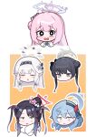  5girls absurdres ako_(blue_archive) black_eyes black_hair blue_archive blue_eyes blue_hair blue_hairband blue_halo blush braid braided_base bun_with_braided_base capelet chibi chibi_only commentary_request demon_girl demon_horns double_bun flower fur_scarf fuuka_(blue_archive) fuuka_(new_year)_(blue_archive) grey_eyes grey_halo hair_bun hair_flower hair_ornament hairband halo head_only highres himari_(blue_archive) horns kisaki_(blue_archive) long_hair mika_(blue_archive) multiple_girls omokuri open_mouth pink_flower pink_hair pink_halo pointy_ears purple_flower red_hair scrunchie single_side_bun staring twintails white_capelet white_flower white_hair white_scrunchie |_| 