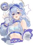  1girl blue_hair commentary_request crop_top double_bun face_jewel fingerless_gloves gloves grey_gloves grey_jacket hair_bun halo head_wings highres honkai:_star_rail honkai_(series) ikenotori jacket jewel_under_eye long_hair multicolored_eyes official_alternate_costume official_alternate_hairstyle open_clothes open_jacket open_mouth robin_(honkai:_star_rail) robin_(race)_(honkai:_star_rail) simple_background smile solo twitter_username two-tone_eyes upper_body visor_cap waving white_background white_wings wings 