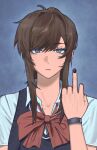  1girl alternate_costume black_nails black_vest blue_background blue_eyes bow bowtie bracelet brown_hair class_of_09 closed_mouth collared_shirt commentary english_commentary expressionless highres jewelry long_hair looking_at_viewer middle_finger nicole_(class_of_09) red_bow red_bowtie shirt simple_background solo straight-on vest walkingdownthestairs white_shirt 