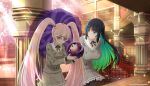  2girls anti-eyebrow_piercing belt black_hair blush bone_hair_ornament breasts colored_inner_hair column commentary_request ear_piercing face_piercing frilled_skirt frills gessen_academy_school_uniform green_eyes green_hair grey_belt hair_ornament highres hirasaka_(senran_kagura) holding holding_orb kira_(senran_kagura) large_breasts long_hair looking_at_another multicolored_hair multiple_girls official_art open_mouth orb pale_skin pantyhose piercing pillar pink_eyes pink_hair school_emblem school_uniform senran_kagura senran_kagura_project_n skirt small_breasts twintails very_long_hair 