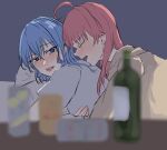  2girls blue_eyes blue_hair blurry blurry_foreground bottle brown_shirt can closed_eyes commentary_request grey_shirt highres hololive hoshimachi_suisei hug hug_from_behind long_hair lying_on_person multiple_girls note_no_sumikko open_mouth pink_hair sakura_miko shirt smile tongue tongue_out virtual_youtuber yuri 