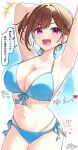  +++ 1girl absurdres arm_behind_head armpits arms_up ass_visible_through_thighs bikini blue_bikini breasts brown_hair childhood_friend-chan_(ramchi) cleavage commentary_request cowboy_shot front-tie_bikini_top front-tie_top hair_ornament hair_scrunchie hairclip halterneck highres large_breasts looking_at_viewer medium_hair multi-strapped_bikini_bottom navel one_side_up open_mouth original purple_eyes ramchi scrunchie side-tie_bikini_bottom smile solo speech_bubble stomach string_bikini swept_bangs swimsuit thigh_gap translated triangle_bikini_top wet x_hair_ornament 