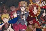  4girls 6+boys :/ angry animal_hood bananaan beanie beckoning black_eyes black_hair black_vest blonde_hair blood blue_eyes blue_hair blue_jacket brown_hair chidouin_sara collar collared_shirt commentary_request crying crying_with_eyes_open curtained_hair double-parted_bangs egokoro_nao empty_eyes glint green_eyes green_hair green_hat grey_shirt gun hair_between_eyes hair_ornament hairclip hand_on_own_neck hat high_collar high_ponytail hiyori_sou holding holding_bars holding_gun holding_weapon hood hood_up ibushi_gin jacket kimi_ga_shine kizuchi_kanna korean_commentary long_hair long_sleeves looking_at_viewer mask miniskirt mouth_mask multicolored_hair multiple_boys multiple_girls open_collar orange_hair outstretched_arms parted_bangs partially_shaded_face pink_shirt pleated_skirt polka_dot polka_dot_scarf ponytail purple_eyes purple_thighhighs red_eyes red_hair red_scarf sailor_collar satou_kai scared scarf school_uniform shinogi_keiji shirt short_hair short_hair_with_long_locks short_sleeves skirt smile sonobeno_high_school_uniform spoilers striped_clothes striped_shirt sweat tazuna_joe tears thighhighs unmoving_pattern v-shaped_eyebrows very_short_hair vest waistcoat weapon white_sailor_collar white_shirt wide-eyed yabusame_alice yabusame_reko yellow_shirt 