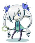  1girl aqua_dress black_boots black_bridal_gauntlets blue_eyes blue_flower boots bridal_gauntlets chibi chibi_only commentary_request dress flower full_moon grey_hair hair_flower hair_ornament hair_over_one_eye holding holding_staff long_hair looking_at_viewer moon mystic_(sekaiju) mystic_2_(sekaiju) naga_u one_eye_covered open_mouth pointy_ears sekaiju_no_meikyuu sekaiju_no_meikyuu_4 shadow simple_background solo staff twintails very_long_hair white_background 