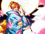  1girl back_bow blue_kimono bow brown_eyes cherry_blossoms commentary earrings falling_petals floral_print floral_print_kimono flower from_side hair_flower hair_ornament hair_up highres holding holding_umbrella japanese_clothes jewelry kimono lipgloss lips long_hair long_sleeves looking_at_viewer nami_(one_piece) oil-paper_umbrella one_piece oni open_mouth orange_hair pearl_earrings petals pink_lips pink_petals print_kimono sash smile solo umbrella untranslatable_commentary upper_body vasyasya_art yellow_bow yellow_flower yellow_sash 
