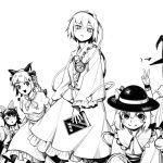  5girls ? animal_ears arrow_(symbol) blush book bow braid cat_ears cat_girl chenwei_jun chinese_commentary commentary_request disembodied_linked_eye dress frilled_shirt_collar frills hair_bow hair_ornament hairband hat hat_bow heart heart_hair_ornament highres holding holding_book kaenbyou_rin kirisame_marisa komeiji_koishi komeiji_satori long_hair long_sleeves multiple_girls no_pupils out_of_frame parted_lips petticoat reiuji_utsuho shirt short_hair sketch skirt smile touhou twin_braids v white_background witch_hat 