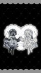  2girls black_background black_hair black_skin bow bowtie closed_mouth collared_dress colored_eyelashes colored_skin commentary_request dress dress_bow frilled_dress frilled_hairband frilled_sleeves frills frown grey_dress grey_eyes grey_skin hair_bow hair_ribbon hairband hand_hair heart highres holding_hands lace lolita_hairband long_hair long_sleeves lunelle_(naiguozi) multiple_girls naiguozi noctelle_(naiguozi) official_art official_wallpaper original plus_sign puffy_long_sleeves puffy_sleeves ribbon sparkle standing standing_on_one_leg symbol-shaped_pupils twintails very_long_hair watermark wavy_sidelocks white_bow white_dress white_eyelashes white_eyes white_hair white_ribbon 