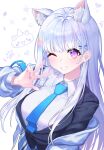  1girl absurdres animal_ear_fluff animal_ears arm_at_side ayatsuno_yuni black_jacket blazer blue_necktie blue_skirt breasts collarbone commentary_request fingernails grey_hair grin hair_ornament hand_up highres jacket jacket_partially_removed kam-ja long_hair looking_at_viewer miniskirt nail_polish necktie one_eye_closed pink_nails plaid_clothes plaid_skirt pleated_skirt purple_eyes school_uniform shirt simple_background skirt smile solo star-shaped_pupils star_(symbol) stellive straight_hair symbol-shaped_pupils upper_body virtual_youtuber w white_background white_jacket white_shirt x_hair_ornament 