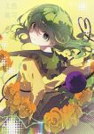  1girl absurdres closed_mouth collared_shirt colorized commentary_request disembodied_linked_eye eyeball flower frilled_shirt_collar frilled_sleeves frills green_eyes green_hair green_skirt heart heart_of_string highres komeiji_koishi long_sleeves looking_at_viewer missing_headwear orange_flower orange_rose risui_(suzu_rks) rose shirt skirt smile solo touhou translation_request wide_sleeves yellow_shirt yun_(outsidey) 