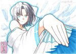  1girl akimiyaiori artist_name bare_shoulders blue_eyes bow breasts cleavage commentary_request dated furisode grey_hair hair_between_eyes hair_bow hand_fan highres holding ice japanese_clothes kimono large_breasts low_neckline marker_(medium) navel senran_kagura short_hair simple_background solo striped_bow traditional_media upper_body white_background white_bow yumi_(senran_kagura) 