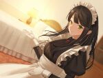  1girl bed bed_sheet bedroom black_hair blush closed_mouth gloves green_eyes highres indoors jfjf lamp long_hair looking_at_viewer maid maid_headdress original smile solo standing voice_drama_available white_gloves 