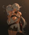  2girls absurdres ahoge arlecchino_(genshin_impact) bare_shoulders black_background black_hair black_hands black_pants black_shorts black_streaks blue_eyes blue_hair blue_streaks blush breasts breath casual chinese_commentary cleavage closed_eyes clothing_cutout colored_extremities commentary_request covered_mouth cowboy_shot diamond_cutout drop-shaped_pupils furina_(genshin_impact) furrowed_brow genshin_impact gradient_background hair_between_eyes hair_intakes hand_to_own_mouth hand_under_clothes heterochromia hickey highres hip_vent hug hug_from_behind huge_ahoge insane84699530 kiss kiss_from_behind kissing_neck long_hair_between_eyes looking_down looking_to_the_side low_ponytail medium_breasts midriff_peek mismatched_pupils multicolored_hair multiple_girls no_bra pants ponytail second-party_source shirt short_hair_with_long_locks shorts sidelocks simple_background single_off_shoulder standing streaked_hair sweatdrop symbol-shaped_pupils two-tone_hair white_hair white_shirt yuri 
