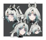  1girl animal_ears arcane_(arknights) arknights arknights:_endfield baesong bird_ears bird_girl blood blue_eyes commentary_request cropped_head facial_mark forehead_mark grey_hair headgear heart korean_commentary ponytail tearing_up 