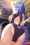  1girl absurdres alternate_costume arm_behind_head ass azur_lane back_cutout bare_shoulders black_dress blue_hair blush breasts butt_crack character_name clothing_cutout commentary cup dress drinking_glass english_commentary from_behind from_below gradient_hair hand_up happy_birthday helena_(azur_lane) highres hip_focus holding holding_cup long_hair looking_at_viewer looking_back medium_breasts multicolored_hair no_bra purple_eyes purple_hair short_dress sideboob sideless_dress sleeveless sleeveless_dress solo thighs very_long_hair wororg 