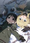 2girls absurdres ahoge black_eyes black_gloves black_hair blonde_hair blue_eyes brodie_helmet chito_(shoujo_shuumatsu_ryokou) coat combat_helmet commentary fur_trim gloves green_pants gun helmet highres kitto_ha long_hair long_sleeves low_twintails lying military military_uniform multiple_girls on_back open_mouth pants rifle shoujo_shuumatsu_ryokou snow twintails untranslatable_commentary unworn_headwear unworn_helmet weapon yuuri_(shoujo_shuumatsu_ryokou) 