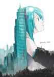  1girl aqua_hair aqua_trim artist_name building city city_lights cityscape from_side giant hatsune_miku highres long_hair looking_to_the_side maaka_4441 outdoors scenery shirt skyline skyscraper sleeveless sleeveless_shirt smile solo sun twintails very_long_hair vocaloid white_background 