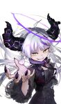  1girl absurdres ahoge black_dress black_jacket black_nails breasts collar commentary dress fingernails grey_hair grin halo highres hololive horn_belt huge_horns jacket la+_darknesss la+_darknesss_(5th_costume) lock long_hair long_sleeves looking_at_viewer metal_collar multicolored_hair nail_polish pointy_ears purple_streaks sauce_darusungi see-through_clothes see-through_jacket sharp_fingernails simple_background sleeveless sleeveless_dress slit_pupils small_breasts smile solo streaked_hair twitter_username upper_body variant_set virtual_youtuber watermark white_background yellow_eyes 