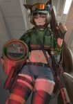  1girl absurdres animal_ears assault_rifle black_gloves blue_shorts breasts brown_hair callisto_(greyeth) camouflage choker crop_top denim denim_shorts detonator fingerless_gloves fox_ears fox_girl fox_tail gloves goggles goggles_on_head gun handgun highres holding holster large_breasts looking_at_viewer m16 m16a2 multicolored_hair navel nuclear_weapon original rifle shorts smile solo standing streaked_hair tail thigh_holster thighhighs weapon xerbatt 