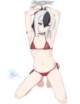  1girl :| armpits arms_behind_head arms_up barefoot bikini black_choker black_hair black_horns blue_archive breasts choker closed_mouth commentary crossed_bangs demon_horns full_body grey_halo hair_between_eyes halo highres horns kayoko_(blue_archive) kneeling long_hair multicolored_hair navel photo-referenced ponytail red_bikini red_eyes ribs signature simple_background small_breasts solo stomach swimsuit taku1122 triangle_bikini_top two-tone_hair white_background white_hair 