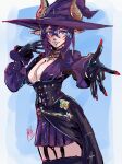  1girl absurdres black_gloves boutsoftheblind breasts cleavage commentary dragon_horns garter_straps gloves hair_between_eyes hat highres horns horns_through_headwear large_breasts malfina_(vtuber) pointy_ears purple_eyes purple_hair reaching reaching_towards_viewer red_nails socks_agency solo virtual_youtuber witch_hat 